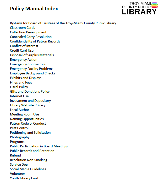 Policy Manual Index on a white background.
