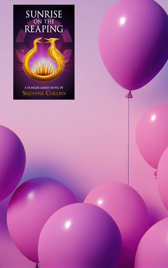 book cover and purple balloons