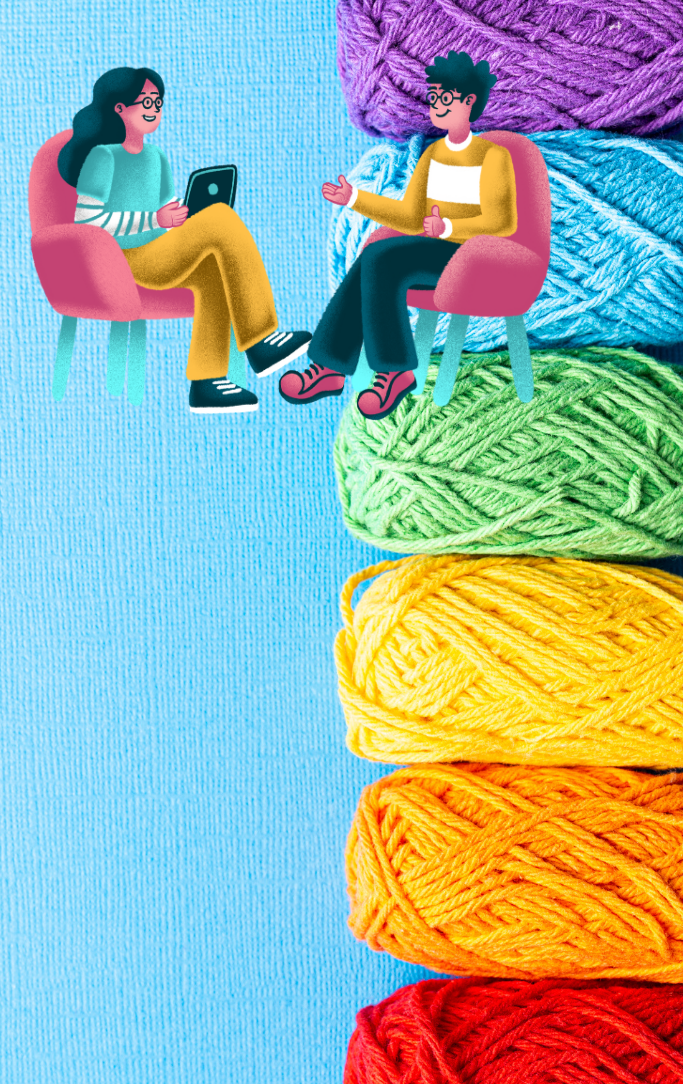 cartoon teens talking with a yarn background on blue