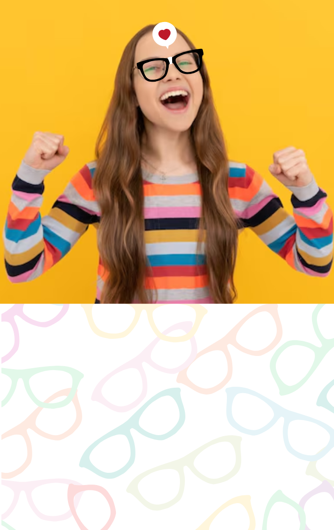 Girl on yellow background with thick black glasses celebrating