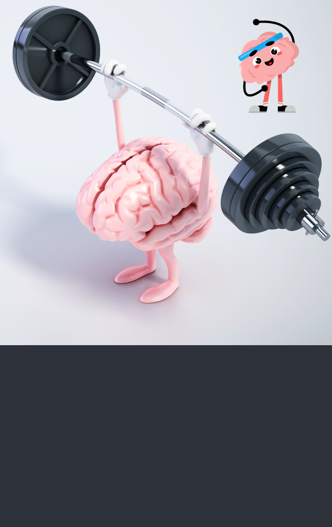 Pink Brain lifting a weigh bar on gray background
