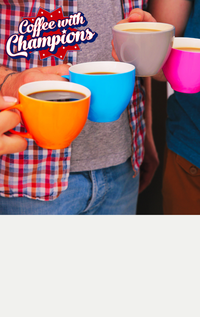 People drinking coffee from colorful mugs