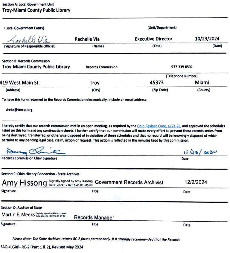 Records Retention with signatures from Library Director, Records Commission Chair, Government Records Archivist, and Auditor of State Records Manager