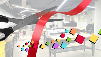 red ribbon being cut by scissors over image of Maker Lab