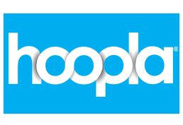 White Hoopla logo on blue background.
