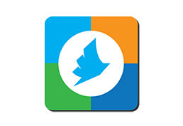 PrinterOn Logo has blue bird in center with blue, Orange and green color in the four corners.