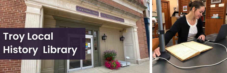 From left to right: the front entrance to the Local History Library; a person uses an imaging tool to examine a document.