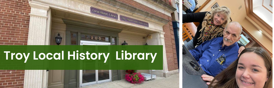 From left to right: the front entrance to the Local History Library; a person uses an imaging tool to examine a document.